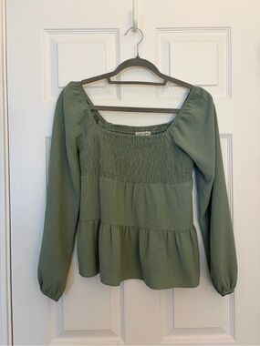 Paper Crown Sage Green Smocked Square Neck Peplum Top
